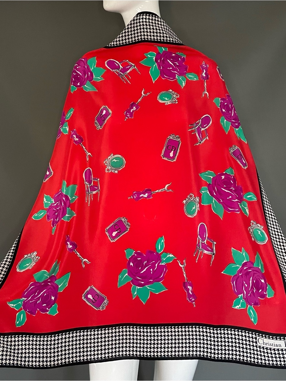 Gorg Vintage Christian Dior Silk Scarf Crimson with Roses Large 34 In Mint Cond - Picture 3 of 10